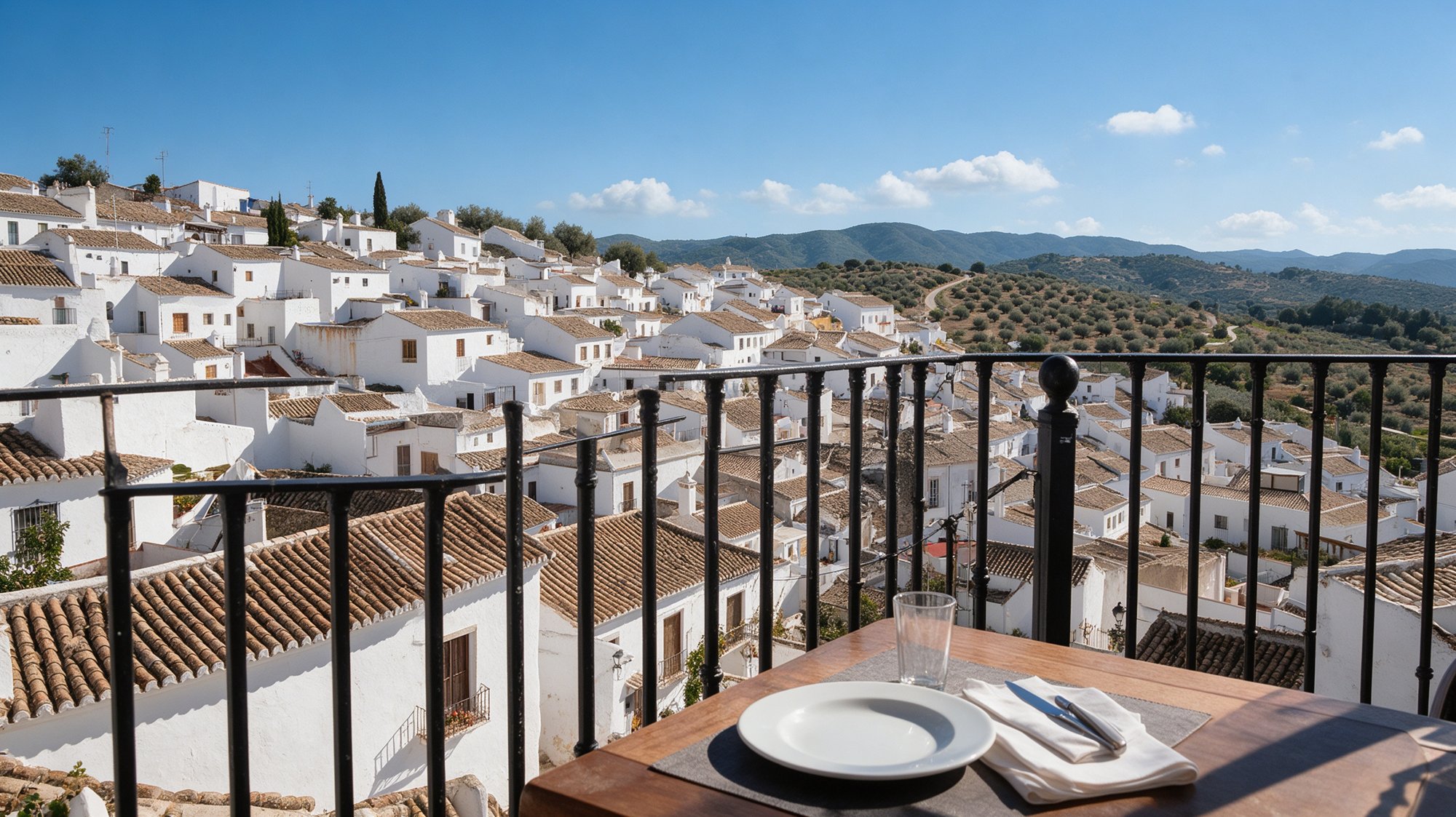 Mesa en la terraza con vista panorámica del pueblo blanco de Macharaviaya, montes olivos y cielo azul al fondo