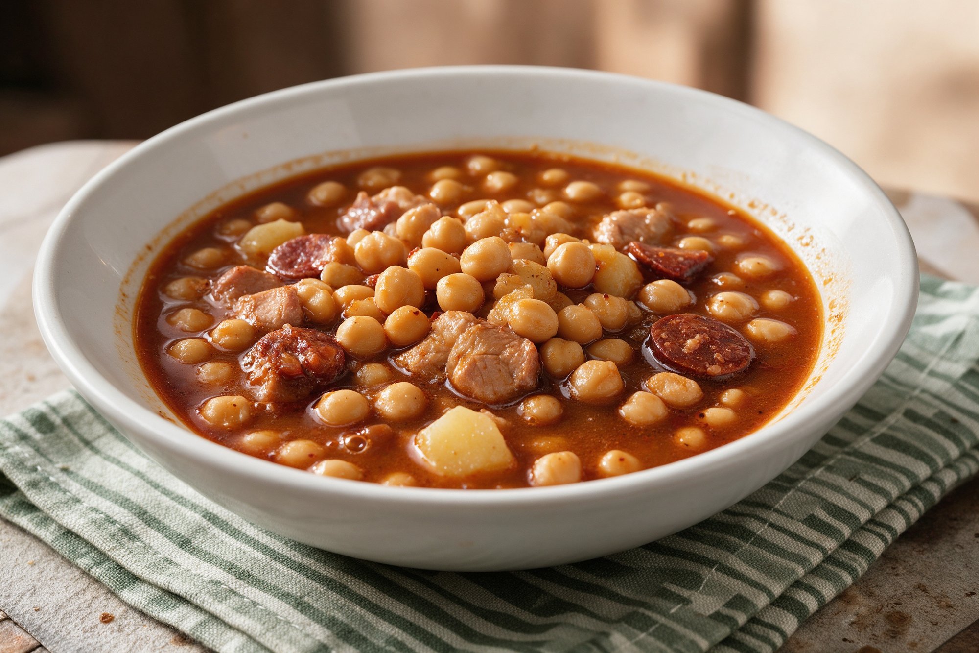 Guiso de garbanzos con carne de cerdo, chorizo y patata en caldo de pimentón, servido en cuenco blanco sobre mantel de rayas verdes