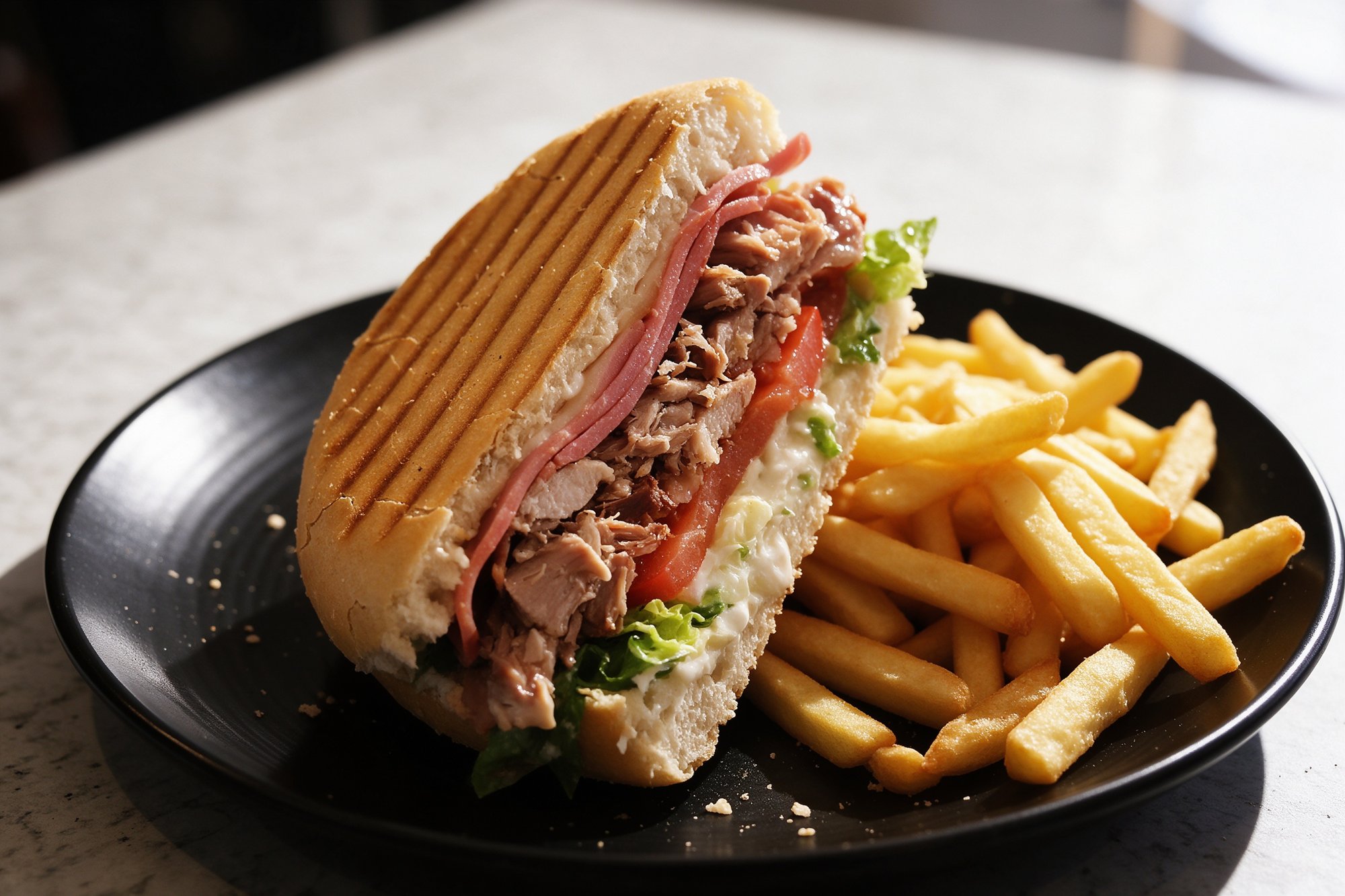 Montado de pan prensado relleno de carne deshebrada, jamón, tomate y lechuga, acompañado de patatas fritas caseras