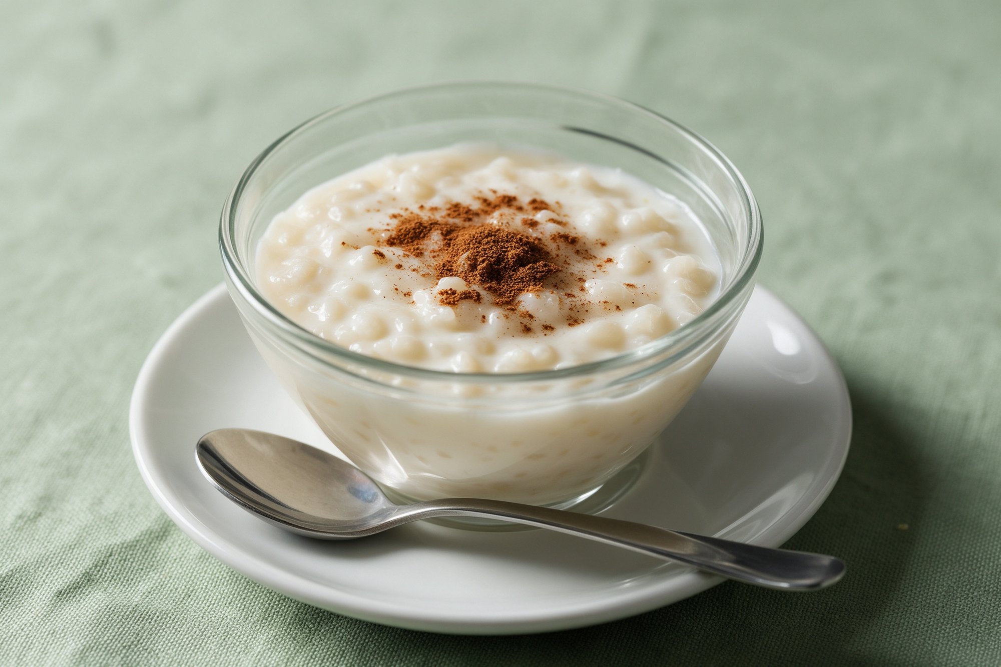 Arroz con leche casero en vaso de cristal con canela espolvoreada, sobre platito con cuchara