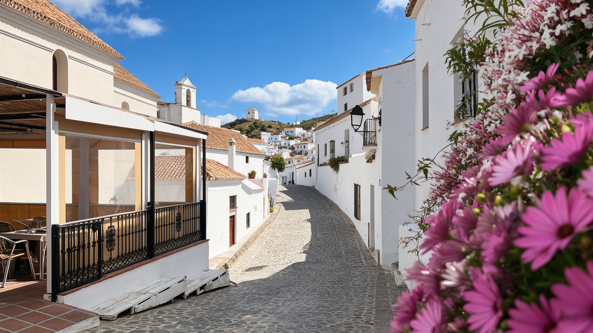 Calle encalada de pueblo blanco andaluz con terraza de restaurante con toldo blanco y barandilla de forja, calle adoquinada y flores rosadas en primer plano